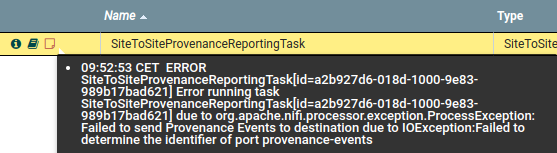 Error messages given by S2S Reporting Task when instance user doesn't have '<strong>receive data via site-to-site</strong>' policy on Remote Input Port