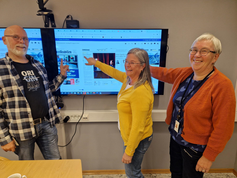 A photo of Svein Erik Molberg and Mona Løkås from the Text Team, Vigdis Sørensen from Digital Preservation.